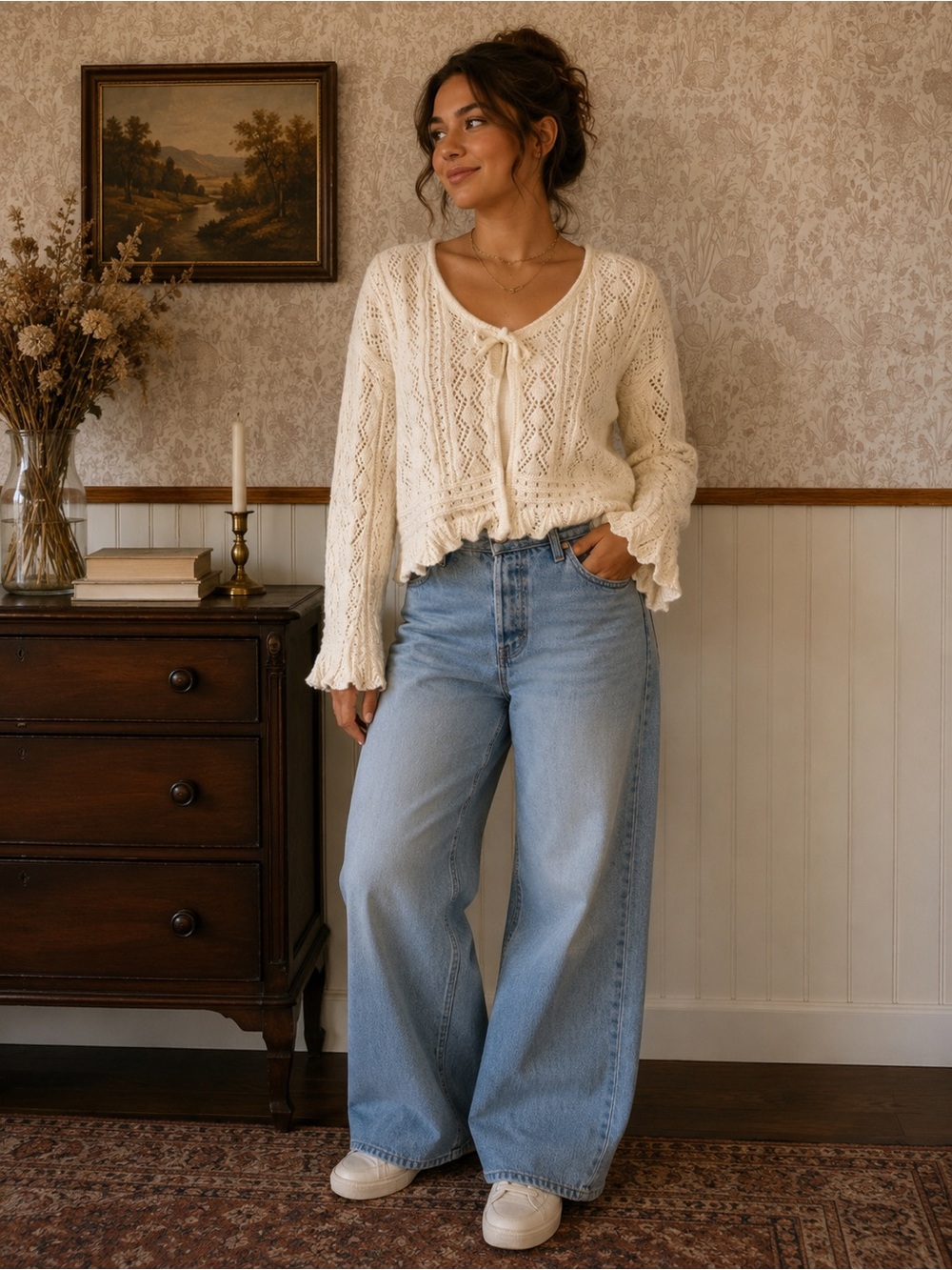 Milk & Mesh Cream Pointelle Tie Front Cardigan XL Fits L Bell Sleeves Boho